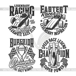 Tshirt prints with bolide car emblems set - vector image