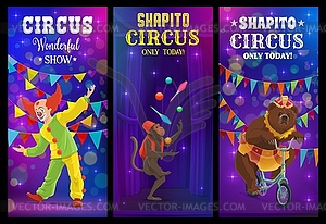 Цирк Шапито мультяшный клоун и баннер с животными - иллюстрация в векторном формате