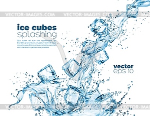 Blue water wave cascade splashes and ice cubes - vector clipart