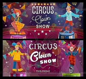 Shapito circus show, cartoon clowns and jesters - vector image