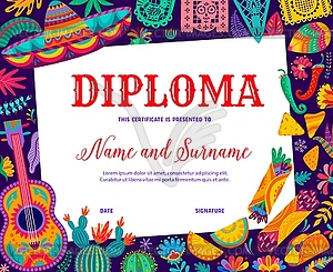 Kids diploma mexican sombrero, guitar and cactuses - vector image