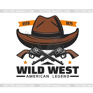 Cowboy hat and guns icon, Wild West, western rodeo - vector image