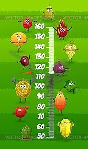 Cartoon fruits on fitness gym, kids height chart - vector image