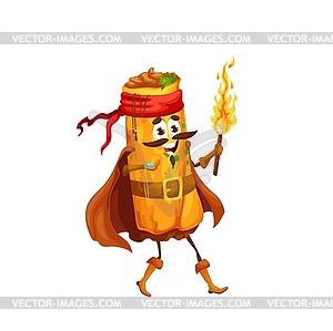 Cartoon mexican enchilada pirate character, torch - vector clip art