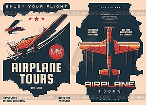 Airplane tours retro posters, air travel, tourism - vector clipart