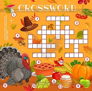 Thanksgiving crossword worksheet, find word quiz - vector image