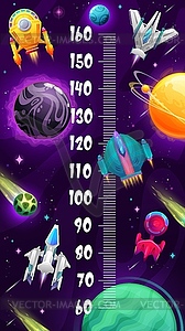 Starships, spaceships in galaxy kids height chart - vector clipart