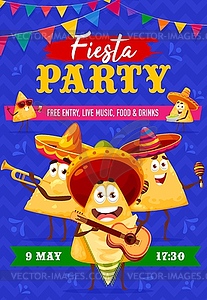 Mexican nachos chip characters, fiesta party flyer - vector clipart