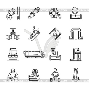 Значки трубопроводной, газонефтяной промышленности, трубы и клапаны - векторный клипарт