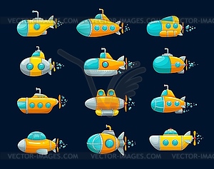 Cartoon submarine, yellow underwater game ships - vector clipart