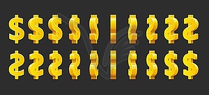 Анимация золотого знака доллара анимированный лист спрайтов - клипарт в векторе / векторное изображение