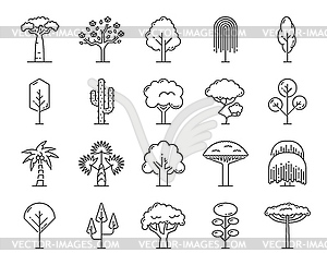 Tropical trees outline icons, beach, jungle forest - vector image