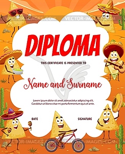 Kids diploma with mexican nachos characters frame - vector clip art