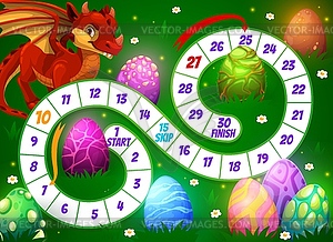 Kids board dice game with cartoon dragon and eggs - vector EPS clipart