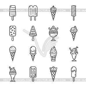 Ice cream outline icons of frozen dessert food - vector image