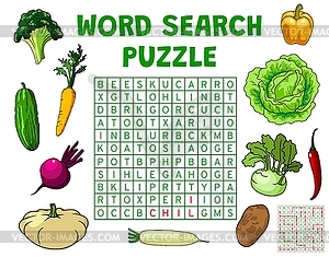 Word search puzzle game worksheet with vegetables - vector EPS clipart