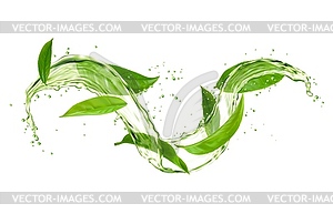 Травяной чайный напиток wave splash с зелеными чайными листьями - иллюстрация в векторе
