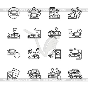 Car share service linear icons, taxi vehicle rent - vector EPS clipart