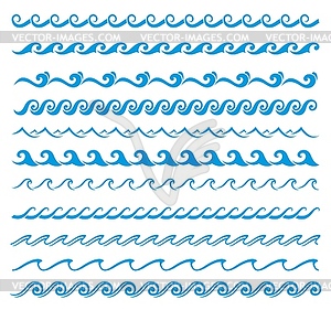 Sea or ocean wave line, blue water borders, frames - vector image