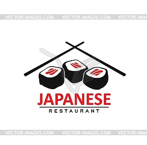 Japanese cuisine restaurant icon, rolls and sticks - vector image