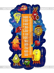 Kids height chart with cartoon fruits superheroes - vector clipart