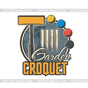 Croquet sport icon, mallet, balls, winning posts - vector clipart