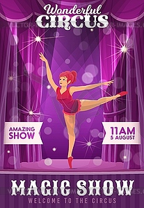 Shapito circus poster with cartoon woman gymnast - vector image