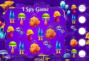 I spy game worksheet with magic jelly mushrooms - vector clip art