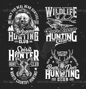 Hunting club tshirt prints, sketch mascots - vector image