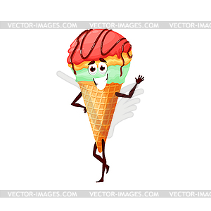 Fruity ice cream in waffle cone, cute emoticon - vector image