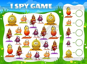 Kids i spy game with cartoon fruits doing yoga - vector clipart