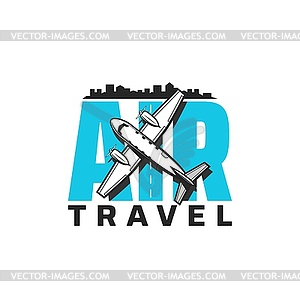 Air travel icon with plane on airport runway - vector image