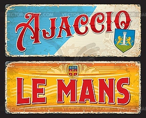 Le Mans, Ajaccio french cities travel stickers - vector clip art