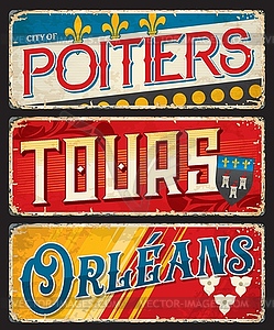 Poitiers, Tours, Orleans french city travel plates - vector clipart