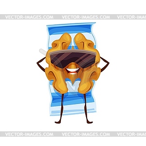 Cartoon walnut in sunglasses on beach mat, summer - vector image