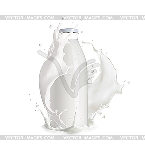 Реалистичная бутылка молока с брызгами сливок белая волна - изображение в формате EPS