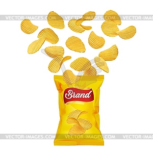 Crispy ripple potato chips flying into pack - vector image