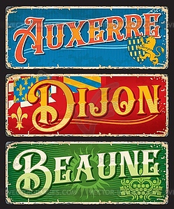 Auxerre, Dijon, Beaune french city travel plates - vector clipart
