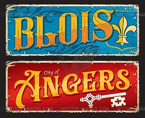 Blois, Angers french city travel stickers, plates - vector clipart