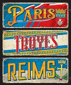 Paris, Troyes, Reims french city travel stickers - vector clipart