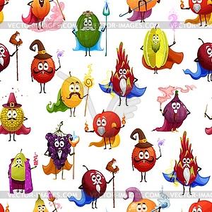 Cartoon fruit wizards, mages seamless pattern - vector image