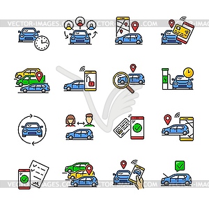 Car share service color linear icons of carsharing - vector image