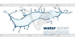Blue water flow splash with splatters, aqua wave - vector image