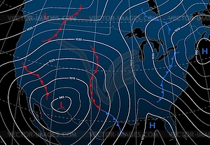 Прогноз погоды изобар ночная карта Северной Америки - иллюстрация в векторе