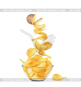 Realistic potato slices turning to chips in bowl - vector clip art