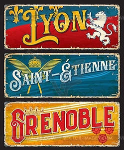 Lyon, Grenoble, Saint-Etienne french city plate - vector image