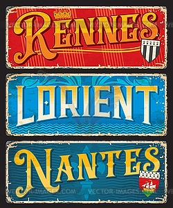 Rennes, Lorient, Nantes french city travel plates - vector image