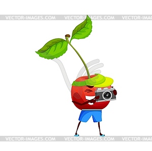 Cartoon cherry berry personage with camera, travel - vector clipart