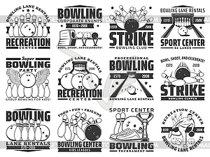 Bowling club, sport recreation game center icons - vector clip art