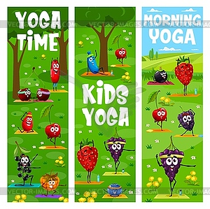 Kids and morning yoga cartoon berries on fitness - vector image